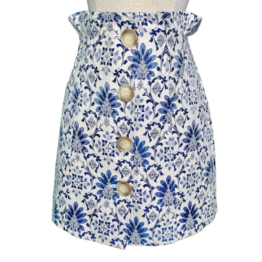NWOT Topshop Ivory & Blue Jacquard Mini Skirt w/ a Paper Bag Waist size 2
